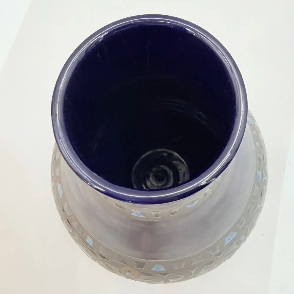 Unique MCM Style Blue Art Pottery Lava Textured Glaze Geo Floral Vase 13.5